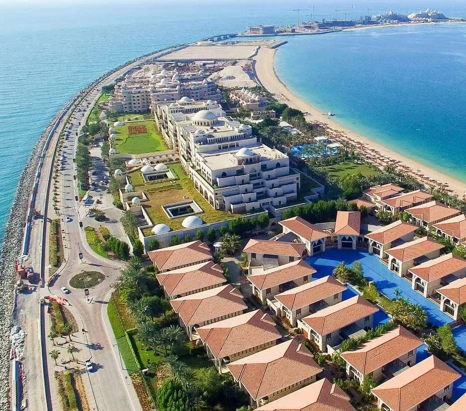 Aerial view of a Dubai beachfront residential community, illustrating UAE property visa options