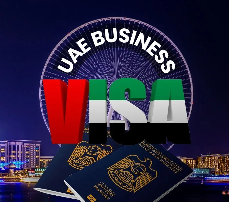 UAE business visa graphic in the national flag colours above UAE passports and the Dubai skyline