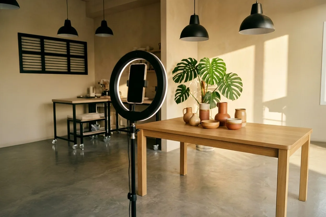 Ring light and phone set up to film handmade ceramics in a small Dubai studio