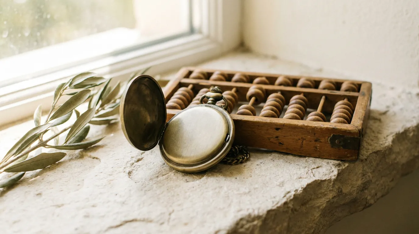 Antique brass pocket watch with an unmarked face beside a small wooden abacus on a pale stone ledge
