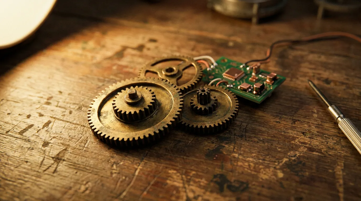 Interlocking brass gears beside a small green circuit board and a fine screwdriver on a worn wooden workbench