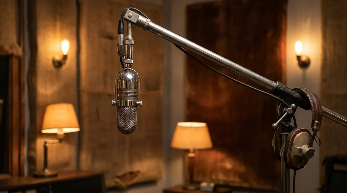 Vintage ribbon microphone on a boom stand in a softly lit studio with headphones hanging from the stand
