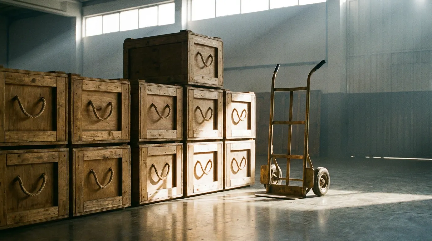 Stacked sealed wooden shipping crates with rope handles and a brass hand trolley in a bright warehouse bay