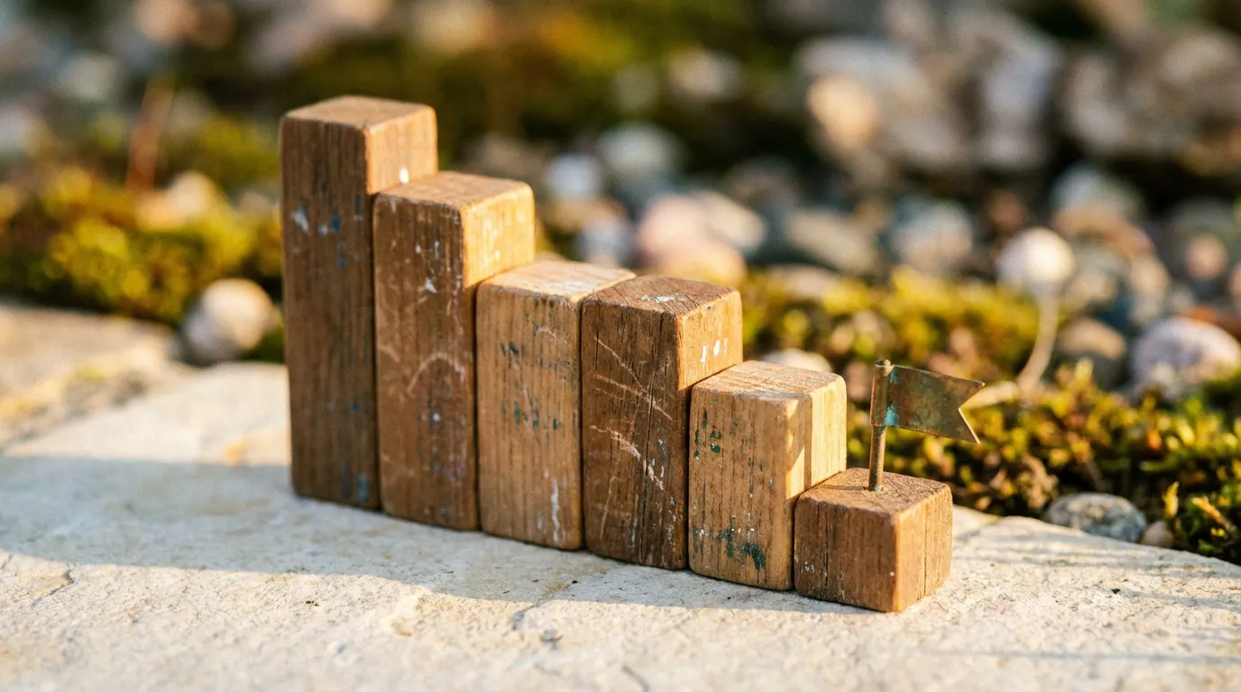 Wooden blocks arranged by height like a miniature skyline with a tiny brass flag on the shortest