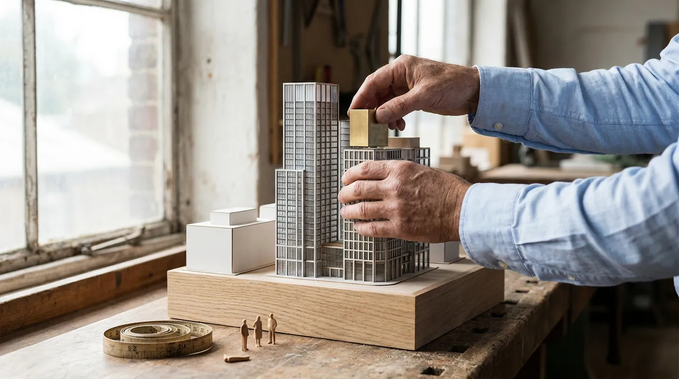 Architect placing the final brass block on a scale model of a tower cluster in a workshop