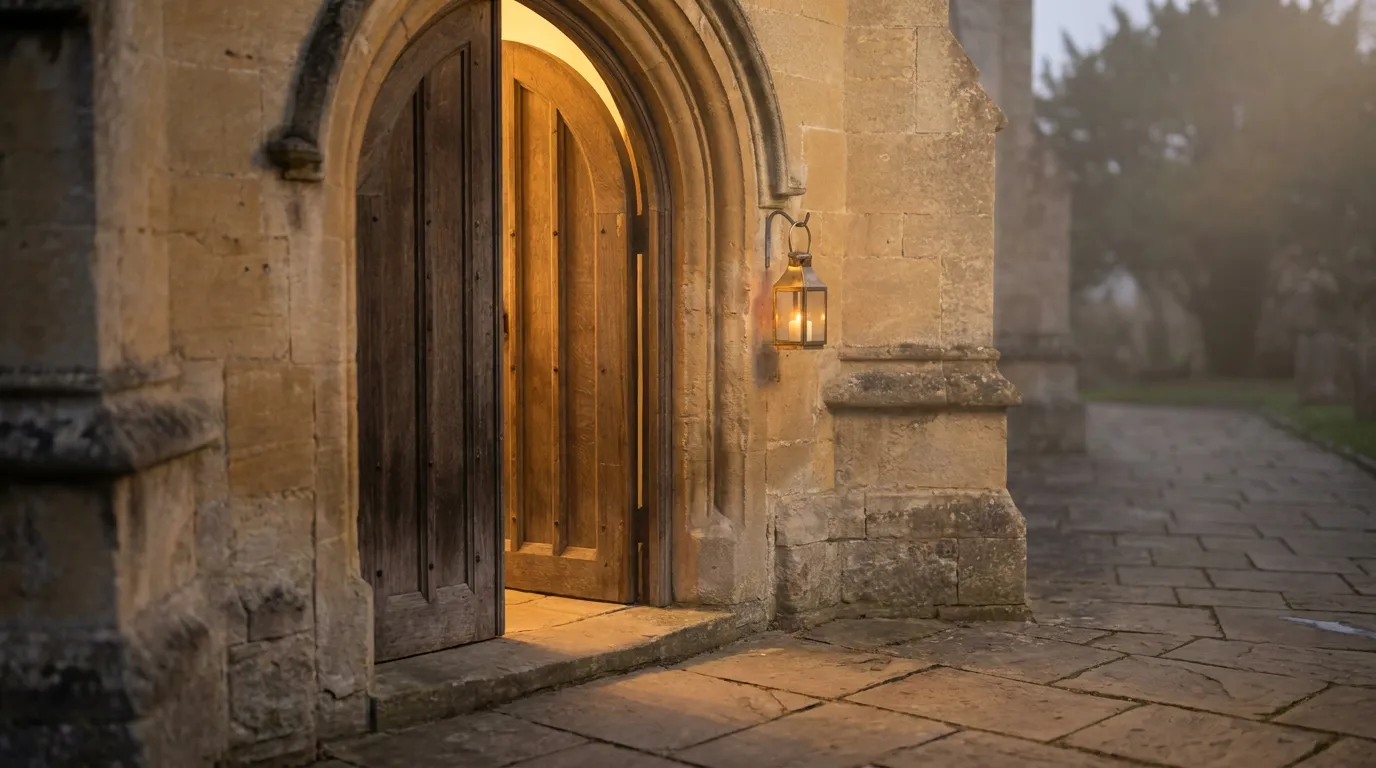 Heavy wooden arched door slightly ajar in a sand-coloured stone wall at dusk with a brass lantern beside it