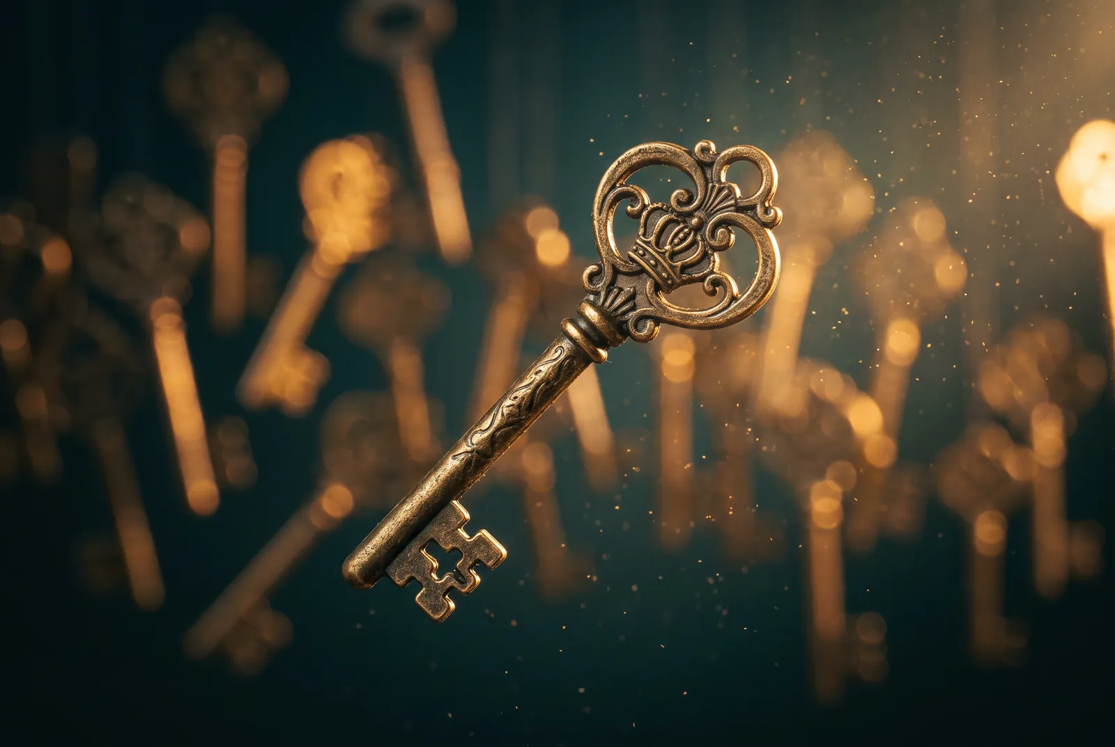 Single ornate brass key floating in dark space with golden dust and a field of blurred keys behind