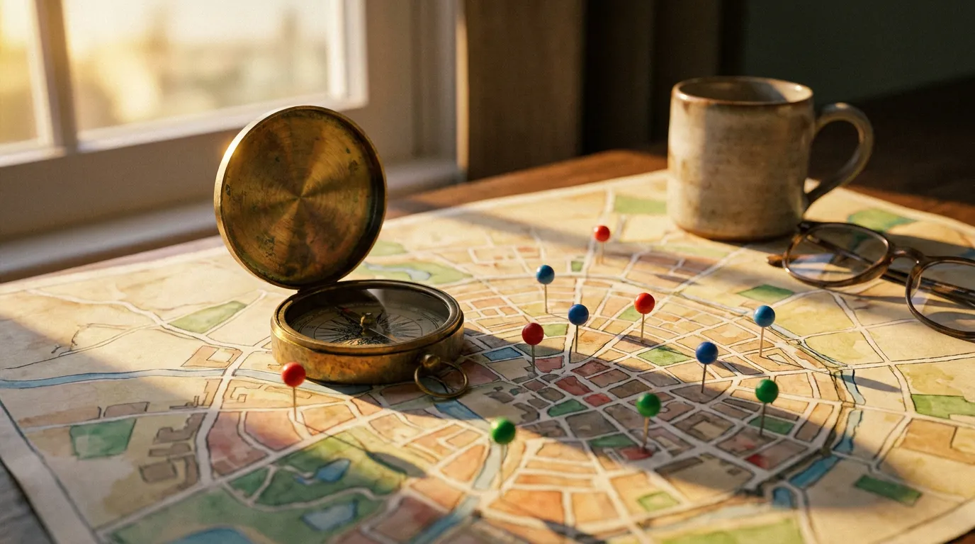 Brass compass resting on a hand-drawn city map with coloured pins, a mug and reading glasses