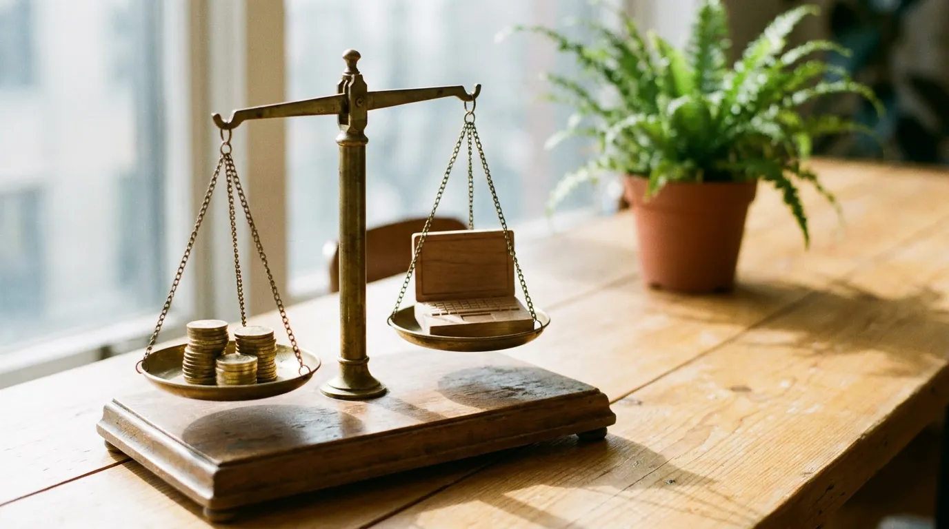Brass balance scale with coins on one pan and a small wooden laptop-shaped block on the other