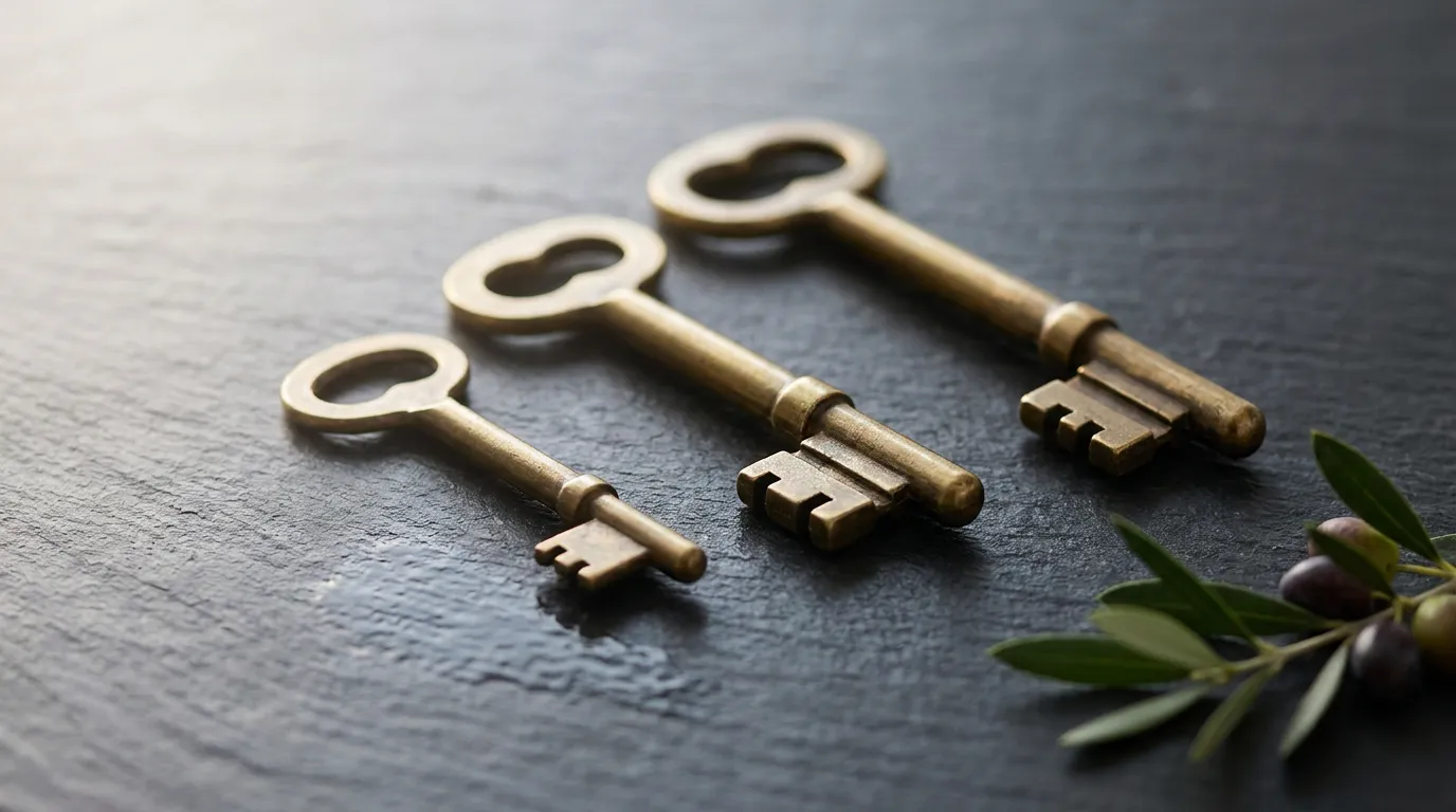 Three brass keys of increasing size laid on dark slate