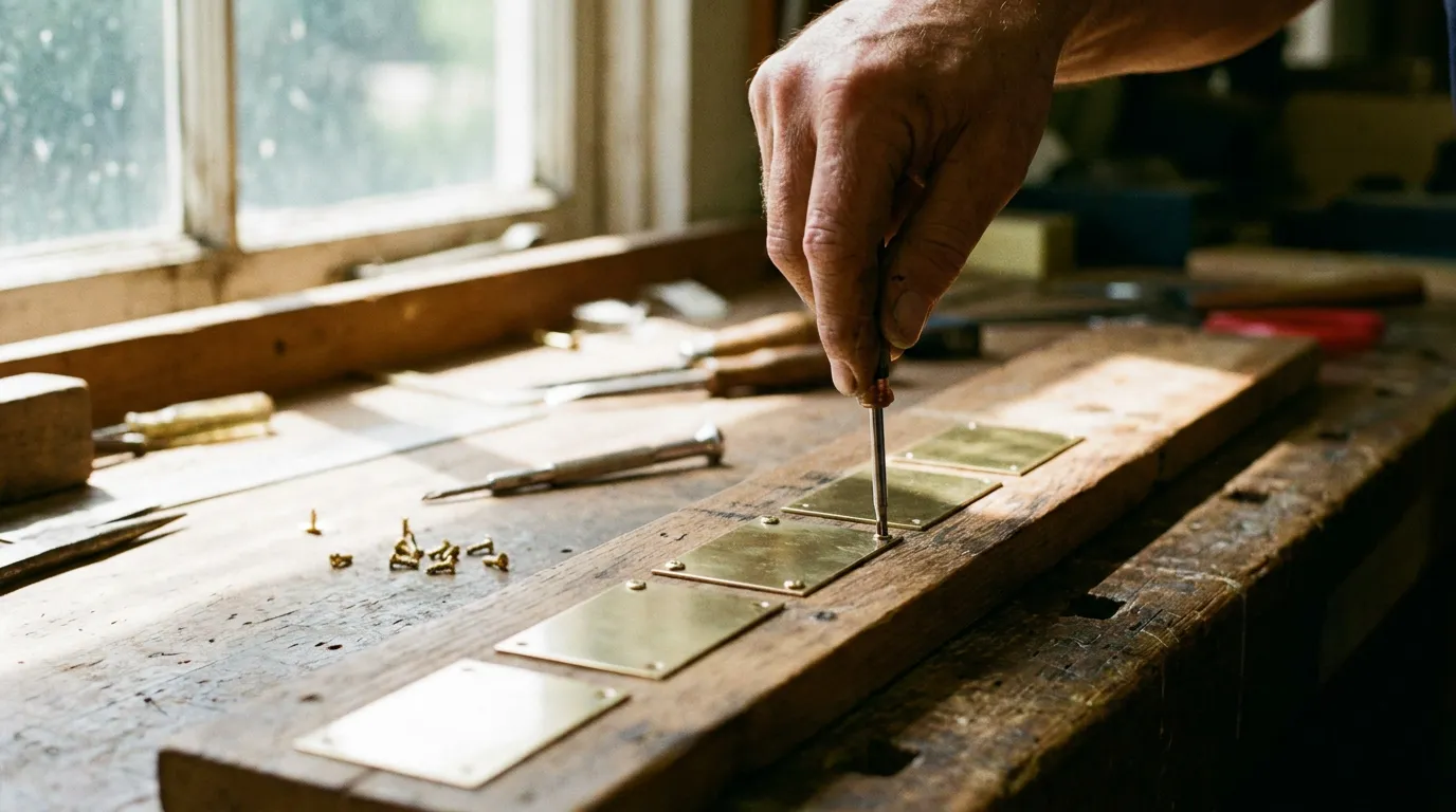 Craftsman hand attaching one blank brass plate to a row of identical blank plates on a wooden board in a sunlit workshop