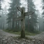 Weathered wooden signpost with three blank arrow boards at a gravel trail junction in a misty pine forest