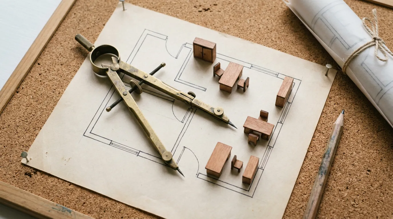 Brass drafting compass measuring a small office floor plan on cork board with miniature furniture